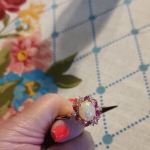 Opal and Pink Crystal Halo Ring - Women Jewelry